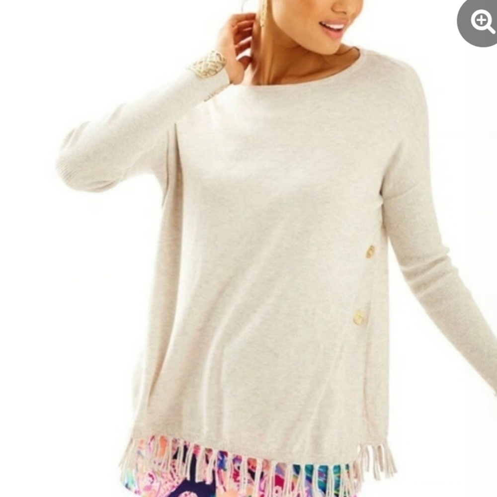 Lilly Pulitzer Ramona Fringe Sweater in‎ Heathered Gray Medium Like New Cotton